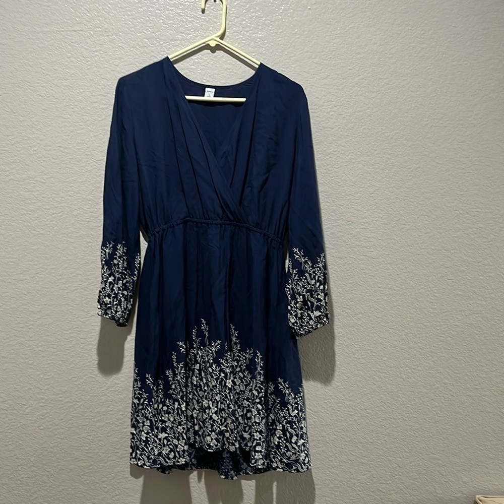 Old Navy Blue Knee Length Dress Sz S White Floral Print Long Sleeve Boho TC0819